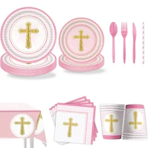 Rosa Kreuz Party Geschirr Set für Taufe und religiöse Feiern mit Teller, Bechern und Servietten.