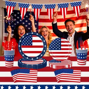 Unabhängigkeitstag Party Geschirr Details, US Flagge Themen Pappteller Becher Servietten.