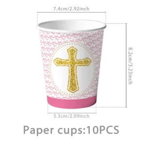 Rosa Kreuz Pappbecher für Baby Taufe Party, elegante religiöse Einweg Geschirr Set.