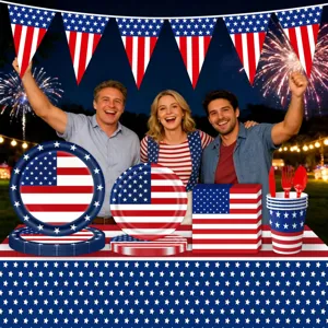 Patriotische Party-Geschirr-Szene mit US-Flaggen-Tellern, Bechern und festlichem Banner.