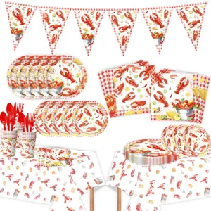Detailansicht der Hummer Party Geschirr Set, mit farbigen Teller, Becher, Servietten und Banner.