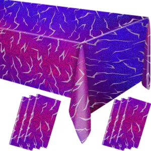 Einweg wasserdichte PE Laser Tischdecke und Party Servietten Set mit lila Blitzen.