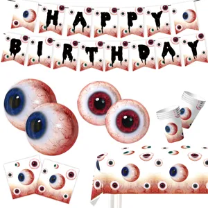 Set de Artículos para Fiesta de Halloween Globo Ocular Vajilla Desechable Platos Vasos Servilletas Banner Mantel Decoración Horror