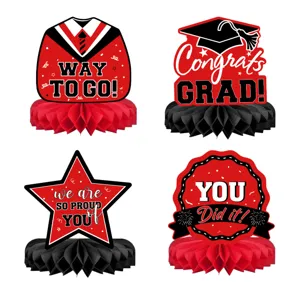 Graduation party honeycomb centerpieces set, red and black graduation table decorations for celebration.