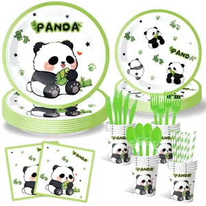 Niedliches Panda Party Pappteller Becher Servietten Set Detailansicht für Kindergeburtstag.