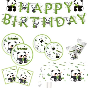 Cartoon Panda Thema Geburtstag Party Zubehör Grün Bambus Muster Happy Birthday Banner Pappteller Tassen Servietten Tischdecke Einweggeschirr Für Kinder Baby Ein Jahr Dekor