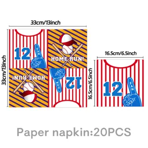 Baseball Thema Party Papierserviette Detailansicht zeigt genaue Abmessungen und Muster.