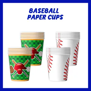 Baseball Pappbecher Detailansicht mit Sportdesign aus Schlägern und roten Nähten.