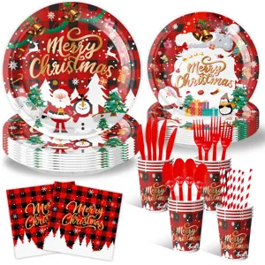 Christmas party tableware set with red black plaid plates cups napkins and cutlery for holiday events.