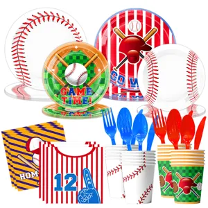 Baseball Party Geschirr Set mit Papptellern, Bechern, Servietten und Besteck für Geburtstag.
