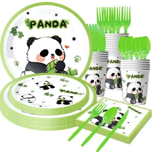Panda Thema Geburtstag Party Pappteller Becher Servietten und grünes Besteck Set.