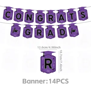 Ensemble de décoration de bannière de fête de remise des diplômes, cartes violettes.
