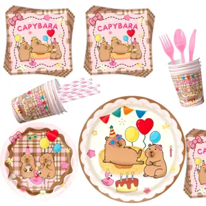 Pink plaid capybara theme birthday party disposable paper plates cups tableware set cute