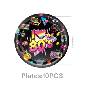 80er Jahre Retro Pappteller Party Deko Einweg Geschirr bunte Motive Musik Stil 10 Stk