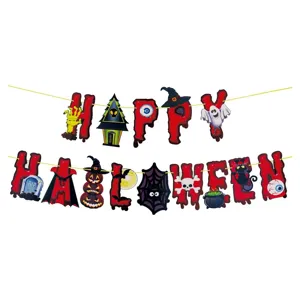 Halloween Party Deko Banner Girlande mit gruseligen Geistern und Totenkopfmotiven.