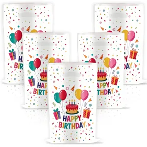 Birthday party plastic gift bags with colorful balloons, cake, and confetti prints for events.