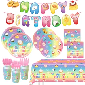 Cartoon Squishy Food Birthday Party Decorations Tableware Set Gradient Rainbow Happy Birthday Banner Paper Plates Cups Napkins Tablecloth Balloon Backdrop Supplies
