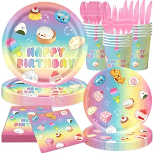 Birthday party tableware set paper plates cups napkins cute kawaii food design pastel rainbow