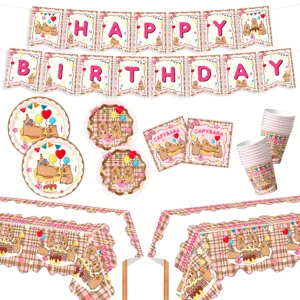 Pink plaid capybara birthday party tableware set with banner plates cups napkins tablecloths
