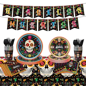 Tag der Toten Party Geschirr Set mit Totenkopf Girlarden Tellern Bechern und Servietten