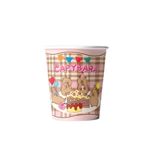 Pink plaid capybara theme birthday party disposable paper cups tableware main product view.