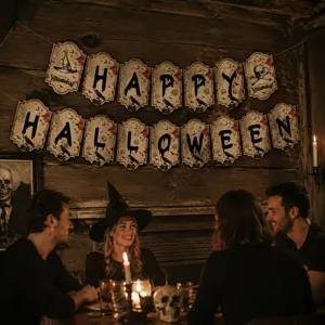 Halloween Party Deko Banner Girlande mit gruseligen Totenkopf Motiven fur festliche Raumgestaltung.