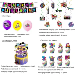 Set de decoracion fiesta cumpleanos retro anos 90 con banner globos toppers y espirales.