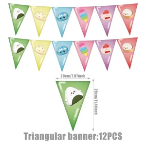 Cute cartoon food triangular banner set for birthday party decorations, 12 pieces included.