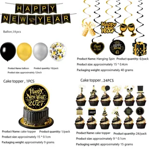 Neujahr Schwarz Gold Party Dekoration Set mit Luftballons und Kuchendekoration.