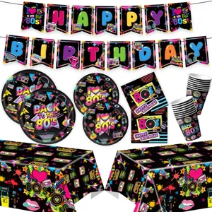 Retro 80er Jahre Thema Party Zubehör Set Pappteller Tassen Servietten Tischdecke Banner Für Vintage Disco Geburtstag Dekoration