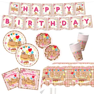 Pink Plaid Capybara Birthday Party Tableware Set Banner Plates Cups Napkins Tablecloth
