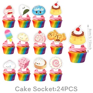Cartoon cute food theme cupcake toppers set, 24 pieces of decorative cake inserts for party.