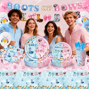 Pink and blue western cowboy gender reveal party paper plates cups and banner set.