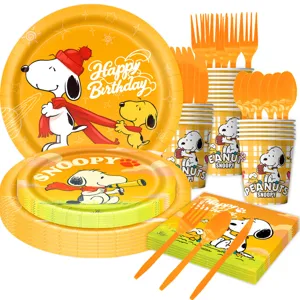 Snoopy birthday party tableware set including paper plates cups napkins and forks for kids.