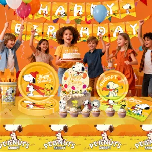Snoopy theme birthday party decoration set including paper plates cups banner and napkins.