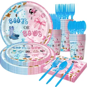 Boots or bows gender reveal party tableware set with plates, cups, napkins, and cutlery.