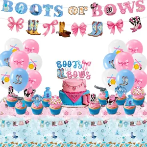 Rosa und blaue Cowboy Party Detailansicht mit Banner, Ballons und Tortenauflegern.