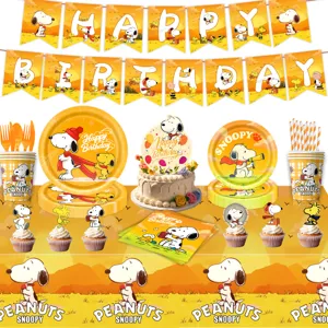 Snoopy birthday party supplies set including banner paper plates cups and table cloth