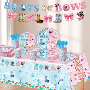 Pink and blue cowboy gender reveal party supplies set including plates, cups, napkins, and banner.