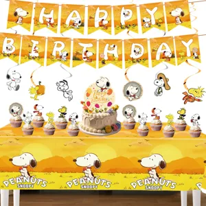 Snoopy theme birthday party decoration set including banner tablecloth cake and cupcake toppers