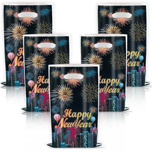New Year party PE gift bags with fireworks city print and die cut handles detail view.