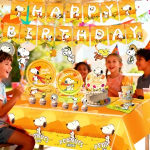 Snoopy theme birthday party decoration set including banner paper plates cups tablecloth.