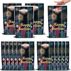 New Year theme plastic gift bag detail view, showing fireworks and city skyline print design.