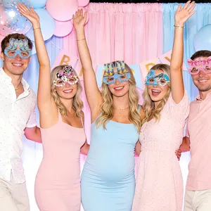Gender reveal party photo booth props and pink blue cowboy theme party backdrop scene display.