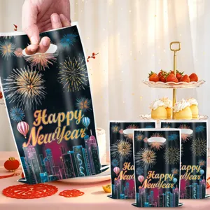 New Year theme plastic gift bags with fireworks city design, perfect for party candy packaging.