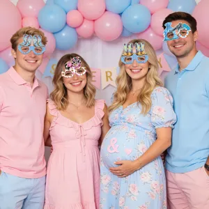 Pink blue cowboy gender reveal party photo props, funny paper glasses and baby shower decor.