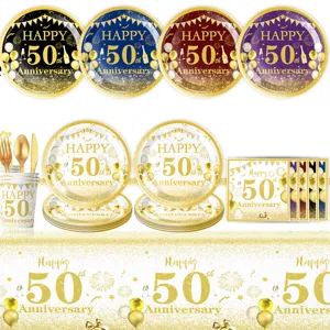 50. Geburtstag Party Deko Set mit Papptellern, Bechern, Servietten und Tischdecke