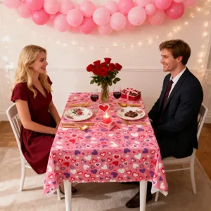 Detailansicht zeigt romantisches Einweg-Tischdecken mit Herzen bei Valentinstag Party.
