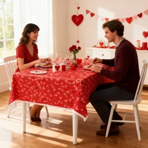 Rote Tischdecke mit Herzmuster zum Valentinstag für romantische Partys und Hochzeiten.