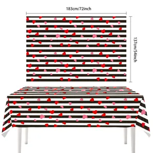 Valentinstag Tischdecke Schwarz Weiß Gestreift Rote Herzen Party Tischdeko 183x137cm